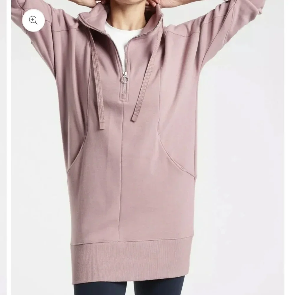 ATHLETA sz S Cozy Karma 1/4 Zip Sweater Dress Tunic  Fleece Lined Floral Mauve - Picture 3 of 16